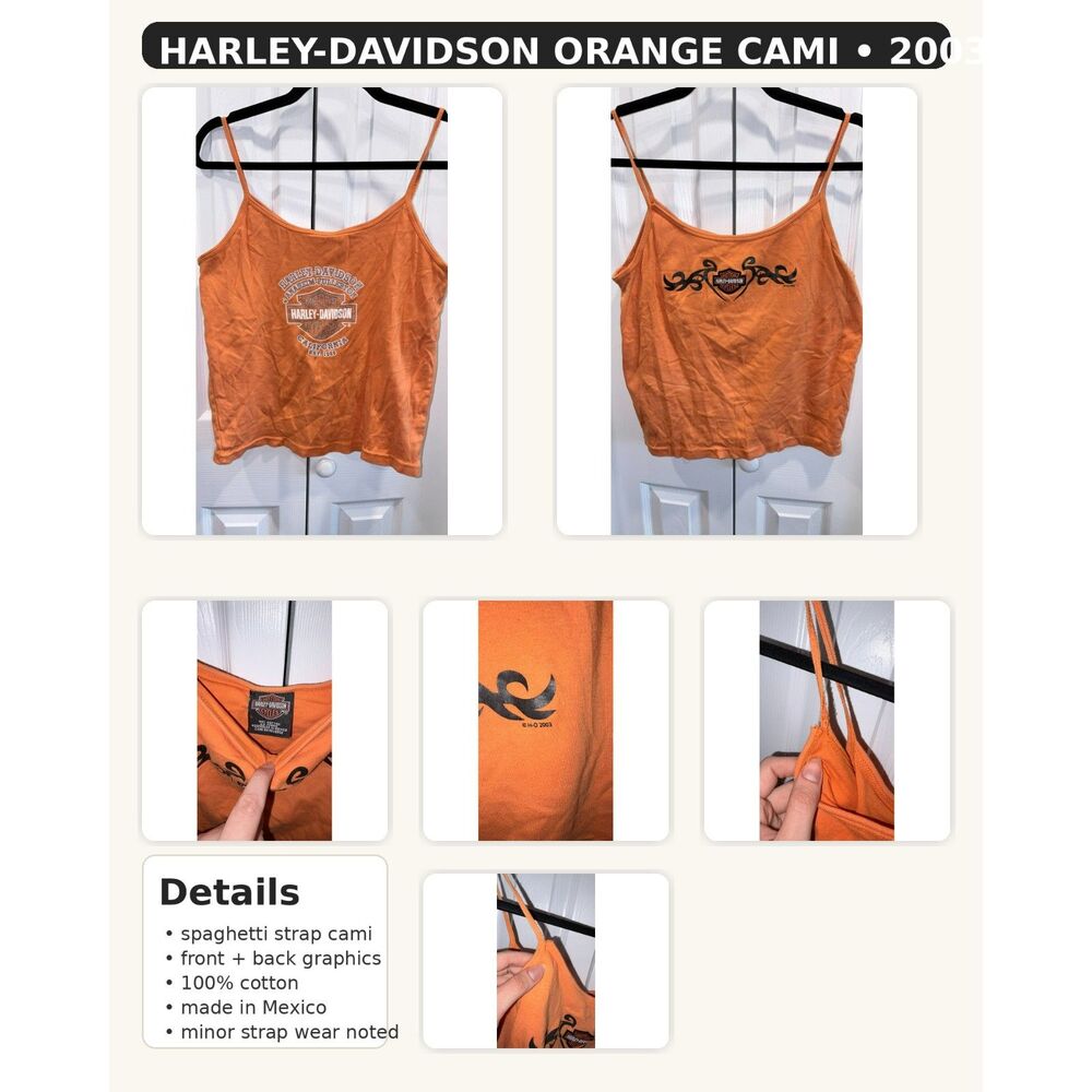 Vintage 2003 Harley Davidson Orange Spaghetti Strap Tank Top Built In Bra Large
